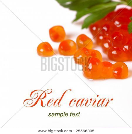 อร่อย caviar สีแดงบนพื้นสีขาวมีเนื้อที่ว่างสำหรับข้อความของคุณ