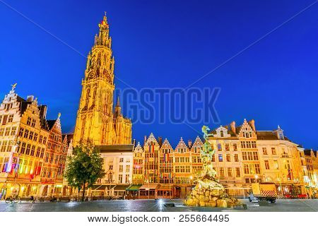 Antwerpen, Belgium. Night Scene In Downtown Antwerp, Belgium Along The Famous Meir Street And The Lo