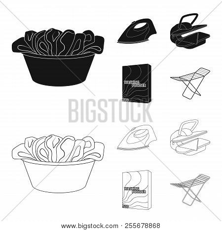 A Bowl With Laundry, Iron, Ironing Press, Washing Powder. Dry Cleaning Set Collection Icons In Black