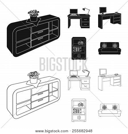A Shelf With A Flower, A Desk With A Computer And A Lamp , A Table With A Monitor And A Book, A Cabi