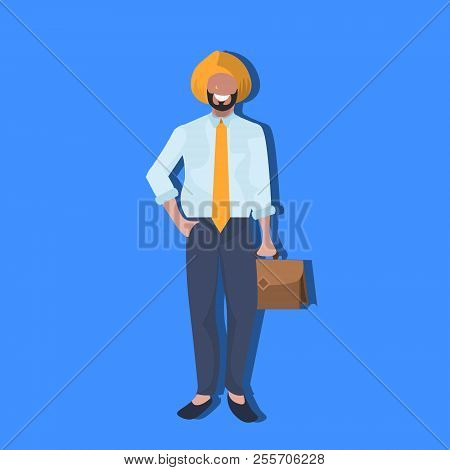 Indian Businessman Holding Suitcase National Traditional Clothes Male Cartoon Character Full Length 