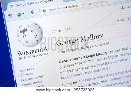 Ryazan, Russia - August 28, 2018: Wikipedia Page About George Mallory On The Display Of Pc