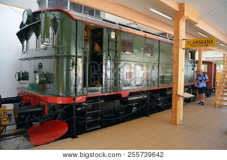 Flam railway museum.Station old Flam Railway. The Flamsbana is a 20.2-kilometer long railway line between Myrdal and Flam in Aurland, June 17,2018. Flam, Norway, Scandinavia.
