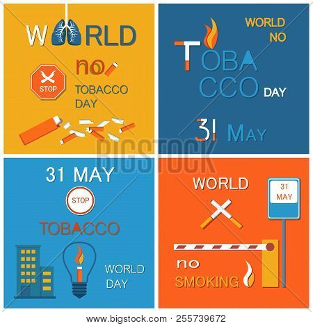 World No Tobacco Day Stop Smoking 31 May Banner, Set Of Vector Illustrations With House And Lamp Ico