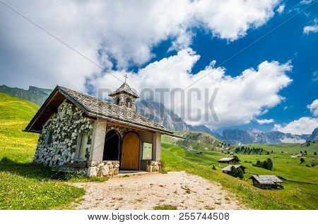 A Small Church In Gruppo Delle Odle. Puez Odle Massif In Dolomites Mountains, Italy, South Tyrol Alp