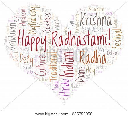 Happy Radhastami In Heart Shape Word Cloud. Wordcloud Made From Letters And Words Only.
