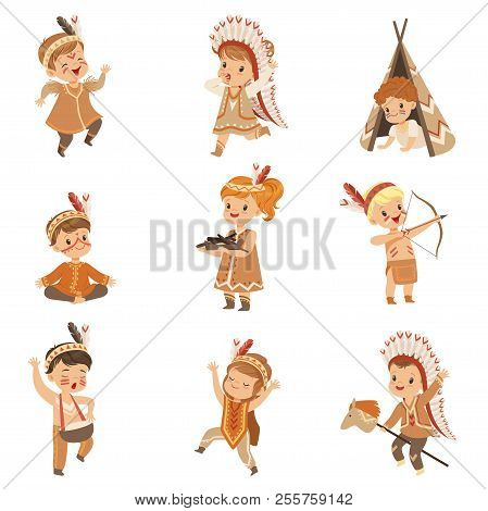 Kids In Native Indian Costumes And Headdresses Having Fun Set, Children Playing In American Indians 