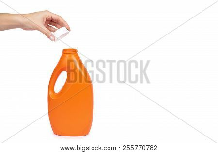 Orange Plastic Detergent Bottle With Hand Isolated On White Background, Copy Space Template