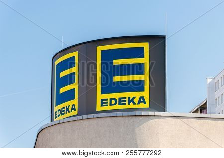 Berlin, Germany - August 17, 2018: Logo And Sign Of Edeka Largest German Supermarket.
