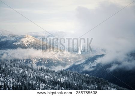Beautiful Snowy Foggy Winter Landscape Country, Krkonose Mountains, Czech Republic