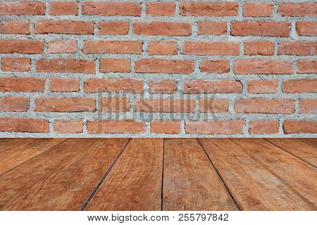 Perspective Brown Wood On Brick Wall, Stock Photo
