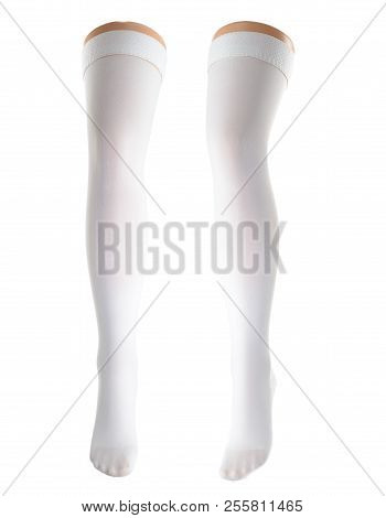 Mannequins Female Legs In Various Stockings On White Background