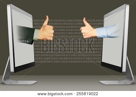 Online Concept, Hands From Computers. Thumbs Up, Like And Thumbs Up, Like . 3d Illustration