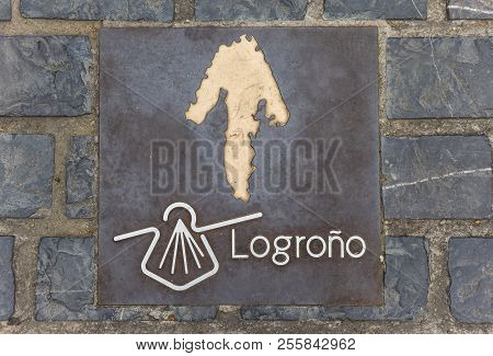 Logrono, Spain - April 23, 2018: Tile With Symbol Of Logrono In The Cobblestoned Street