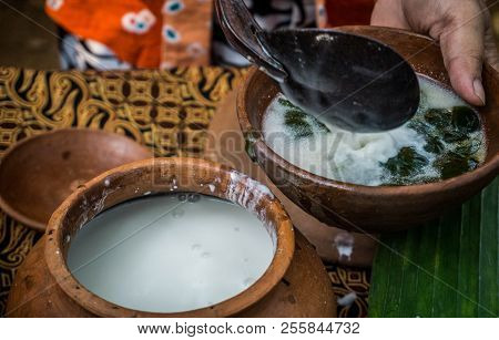 Closeup Grass Jelly Green Cincau On Traditional Pottery Served In Traditional Market In Central Java