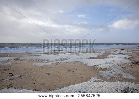 Beach With Sea Foam Before The Storm Carmen Hits The Coast Of La Faute Sur Mer, Vendee, France