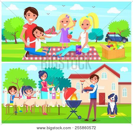 Happy Family Having Picnic Together In Green Forest. Mother Son And Daughter Sitting At Table Near H