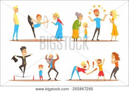 Rope Walker And Magician Performing Before Happy People. Circus Or Street Actors Set Of Colorful Car