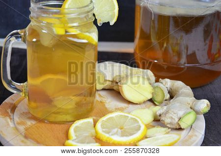 Homemade Fermented Raw Kombucha Tea With Different Flavorings. Healthy Natural Probiotic Flavored Dr
