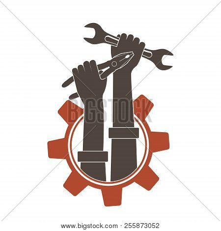 Icon Hands Holding Industrial Tools Wrench And Pliers. Stock Vector Logo Illustration.