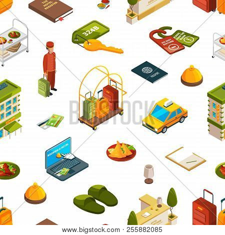 Vector Isometric Hotel Icons Pattern Or Background Illustration