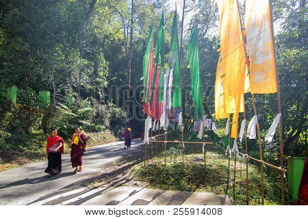 Samdruptse, Sikkim, India - October 20th 2016 : Monks Walking The Road To Samdruptse Statue, Prayer 