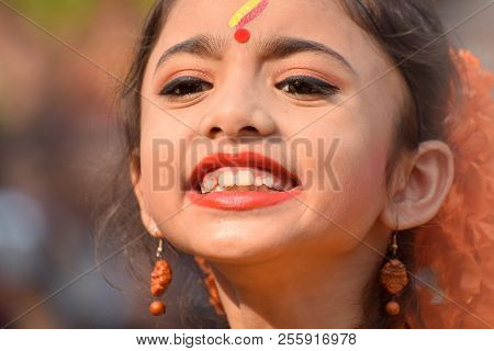 Kolkata , India - March 12, 2017: Young Girl With Spring Festive Make Up With Flowers , Joyful Expre