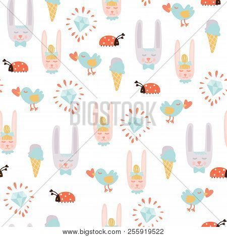 Love Seamless Pattern With Rabbits Boy And Girl, Ladybag, Ice-cream And Diamond.