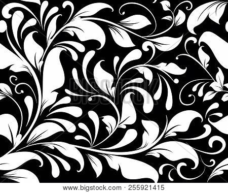 Vintage Black And White Floral Vector Seamless Pattern. Monochro