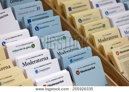 Stockholm, Sweden - Aug 30, 2018: Political Partys Ballot Papers Used For Voting, August 30, 2018 In
