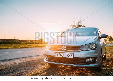 Gomel, Belarus - May 16, 2017: Vw Volkswagen Polo Vento Sedan Car Parking Near Asphalt Country Road 