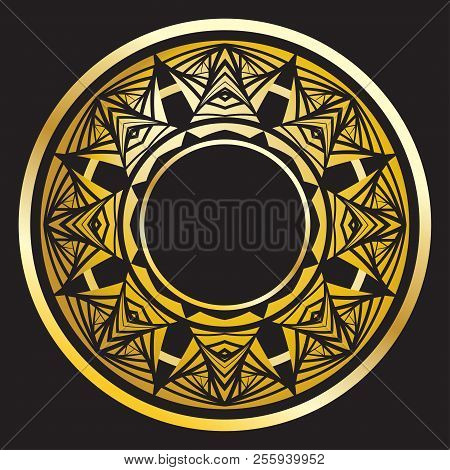 Decorative Mystical Circle In The Form Of The Sun On A Black Background. Abstract Ancient Symbol Of 