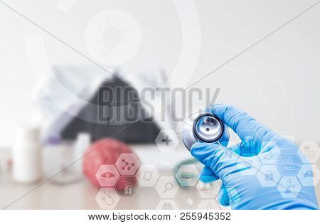 Digital Health Concept, Doctor Using Stethoscope For Medical Professional Technology.