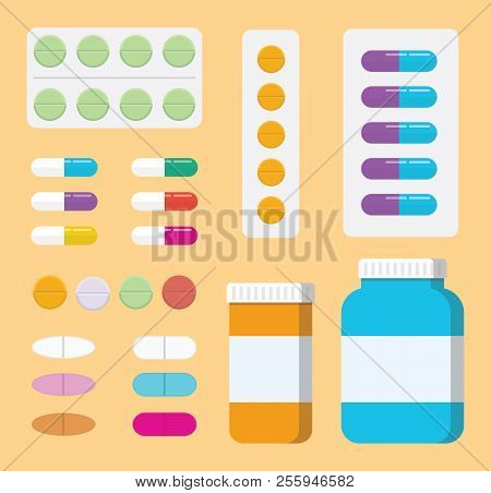 A Set Of Collection Pills Medicine Or Medical Healthcare With Bottle And Tablet Vector Illustration