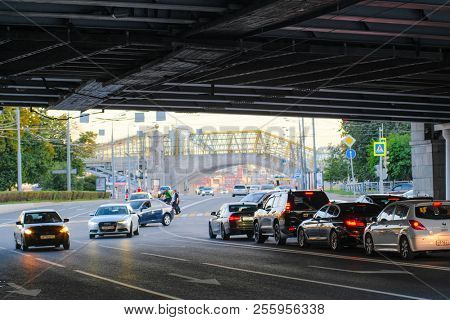Moscow, Russia - August, 28, 2018: traffic on berezhkovskaya embankment in Moscow