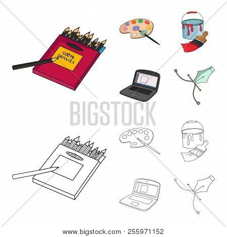 A Palette With A Brush, A Bucket With A Paint Brush, A Computer, A Tool, A Pen.artist And Drawing Se