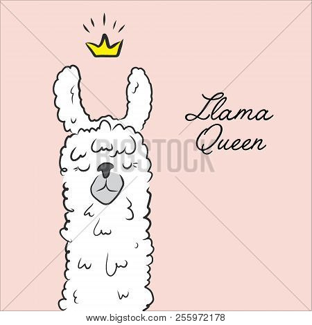 Llama Queen Drawing. Animal Cute Cartoon Alpaca With Crown Illustration. Cartoon Kids Character. Coo