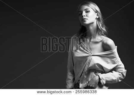 Fashion Model With Long Hair, Perfect Skin Is Posing In Studio For Glamour Test Photo Shoot Showing 