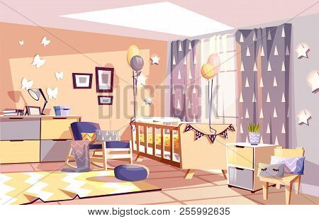 Modern Newborn Kid Or Nursery Room Interior Vector Illustration Of Bedroom Furniture In Cozy Scandin