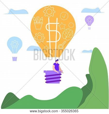 Man Flies Balloon Gets New Impression. Idea Generation. Creating Business Idea. New Technologies. Tu