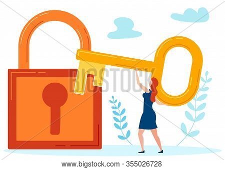 Key To Hidden Secrets Metaphor Vector Illustration. Woman, Girl Trying To Unlock Huge Padlock Cartoo