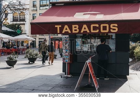Seville, Spain - January 17, 2020: Tabacco (tabacos) Stand On A Street In Seville, The Capital Of An