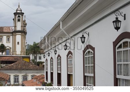 Ouro Preto, Minas Gerais, Brazil - February 27, 2016: Detail Of White Colonial House Facade In The H