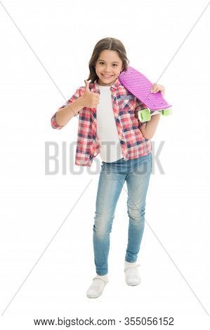 Ideal For Short Distance Ride. Happy Skater Show Thumbs Up Isolated On White. Little Child Hold Penn
