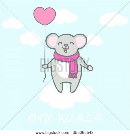 Vector Illustration Of Cute Koala Flying In The Sky With Heart Balloon