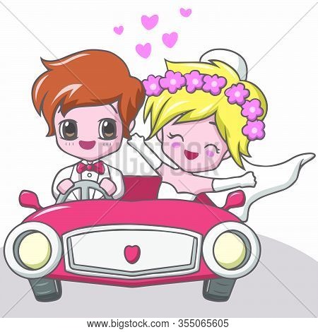 Vector Illustration Of Cute Happy Wedding Couples Riding Red Car
