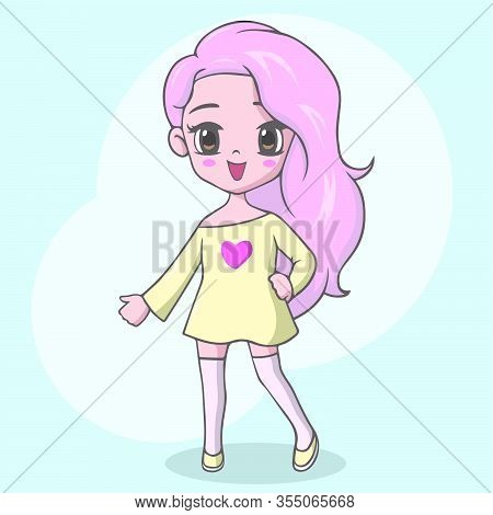 Vector Illustration Of Cute Little Girl With Pink Long Hair Posing