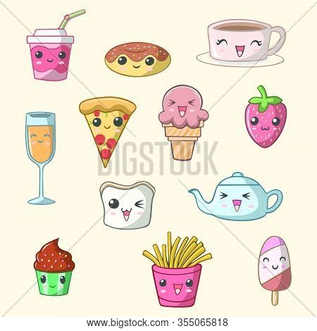 Vector Illustration Of Set Of Cute Kawaii Breakfast Food And Beverages
