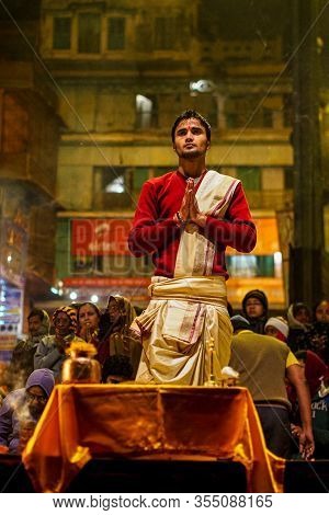 Varanasi, India - Dec 25, 2019: Ganga Aarti On The Dashashwamedh Ghat At Varanasi Uttar Pradesh Indi