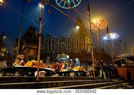 Varanasi, India - Dec 25, 2019: Ganga Aarti On The Dashashwamedh Ghat At Varanasi Uttar Pradesh Indi